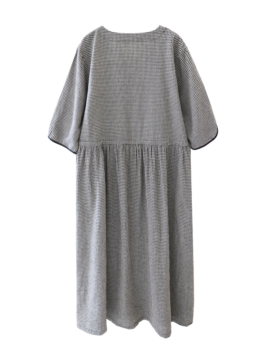 Women Summer Casual Plaid Button Pocket Pleat Loose Dress