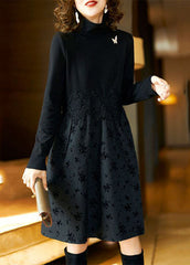 Organic Black Hign Neck Patchwork Lace Dress Spring