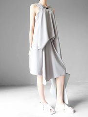 Art Gray Chiffon Dresses Plus Size Sleeve O Neck Asymmetric Linen Robes Summer Dresses