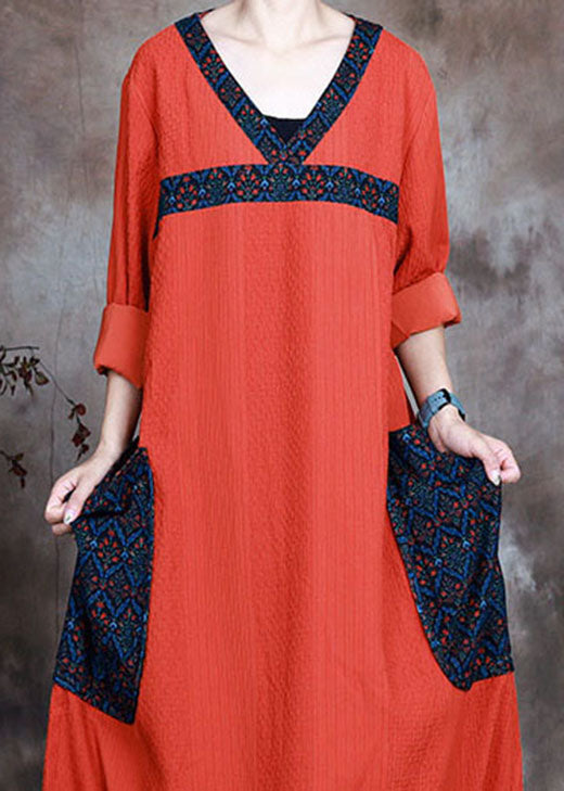 Boho Orange V Neck Pockets Print  Fall Long sleeve Dresses