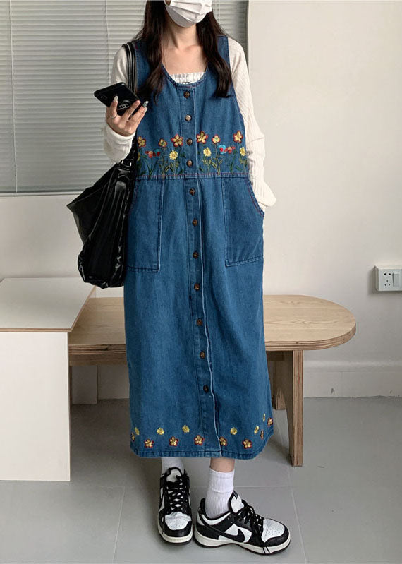 Vintage Black Slash Neck Embroideried Patchwork Button Denim Maxi Dress Sleeveless