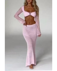 Pink Knitted Long Sleeve Long Skirt Set