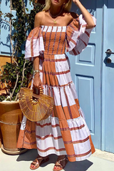 Fashion Print Patchwork Off the Shoulder Cake  Dresses(3 Colors)