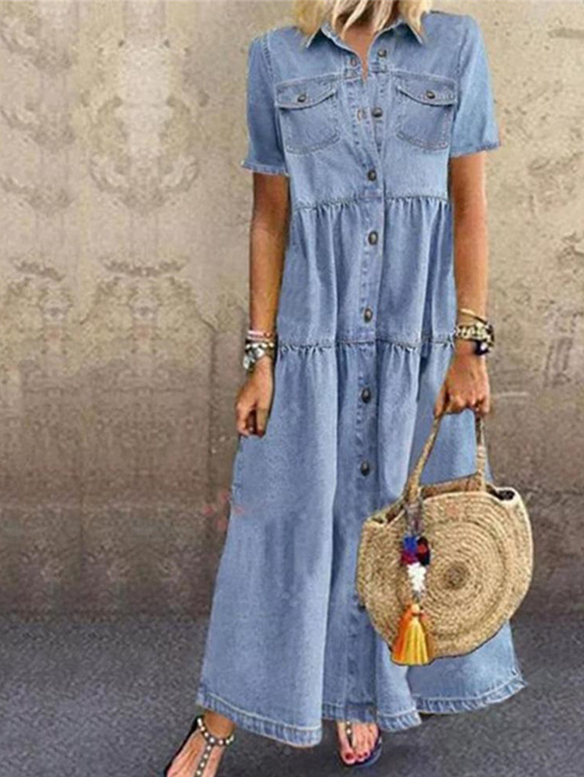 Casual Navy Lapel Collar Short Sleeve Denim Maxi Dress