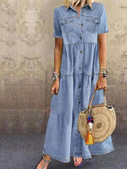 Casual Navy Lapel Collar Short Sleeve Denim Maxi Dress