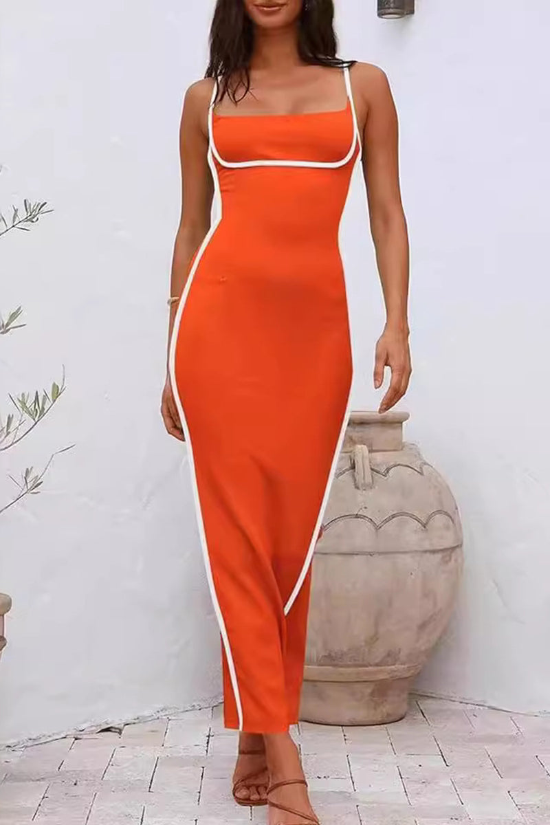 Sexy Casual Patchwork Backless Slit Contrast Spaghetti Strap Sling Dresses