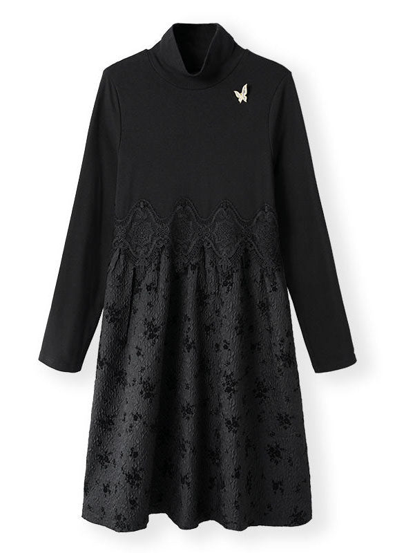 Organic Black Hign Neck Patchwork Lace Dress Spring