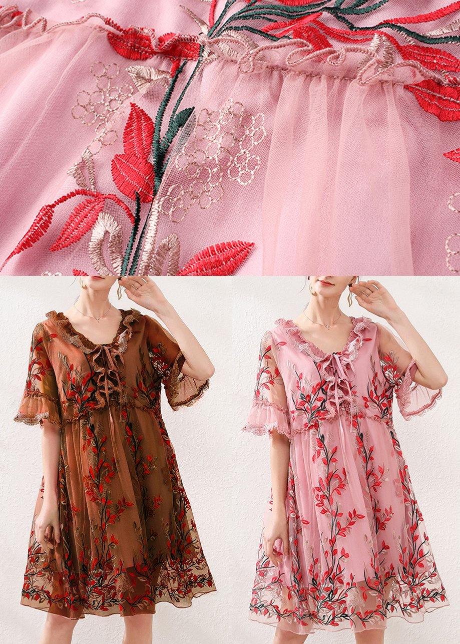 Organic Chocolate Embroidery Lace Butterfly Sleeve Summer Robe Dresses