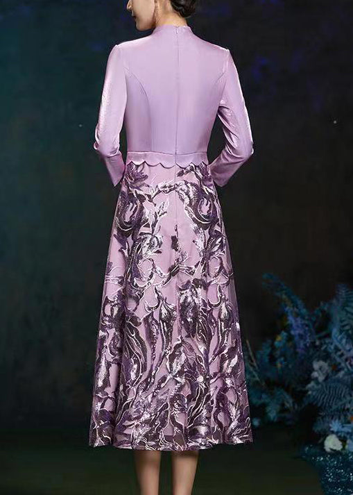 French Purple V Neck Embroideried Patchwork Silk Long Dresses Fall