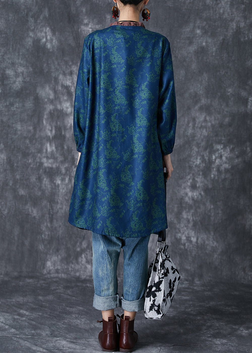 Art Green Ruffled Print Linen Shirt Dresses Fall