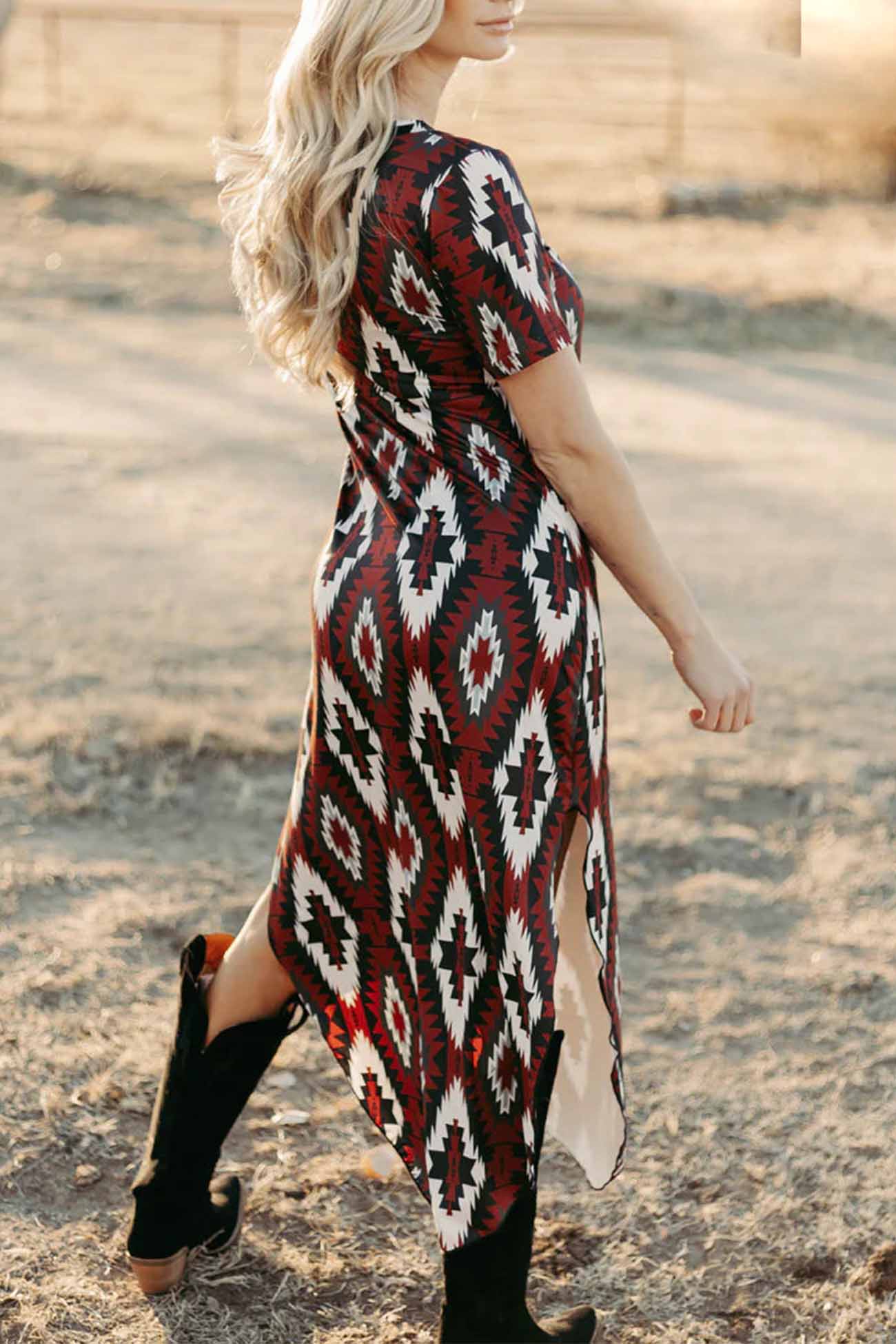 Western Printed Short Sleeve Slit Dress