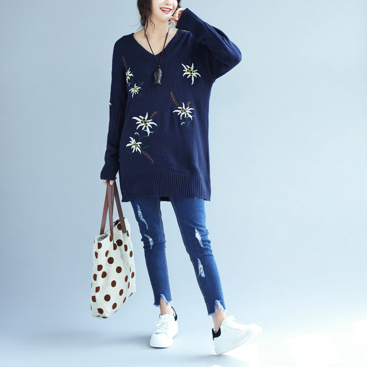 autumn fashion blue embroidery sweater dress oversize mid long knit pullover dresses