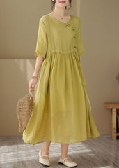 Vintage Yellow O Neck Chinese Button Patchwork Cotton Dresses Summer