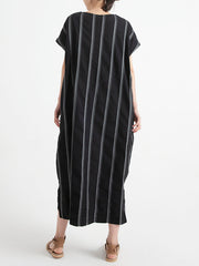 Plus Size Stripe Cotton O Neck Summer Casual Loose Dress