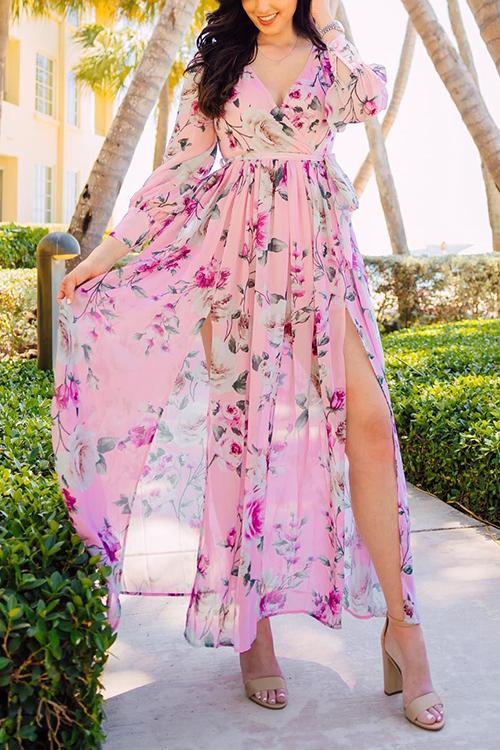 Button Puff Sleeve Belted Maxi Dress