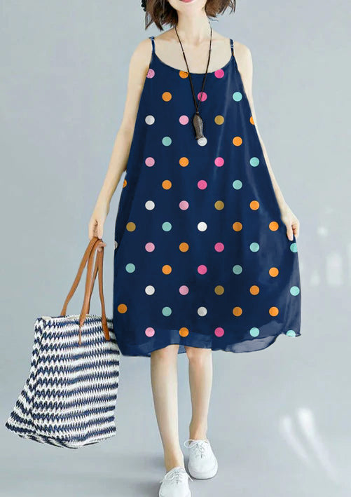 Handmade Blue polka dots chiffon clothes For Women Spaghetti Strap Maxi Summer Dress