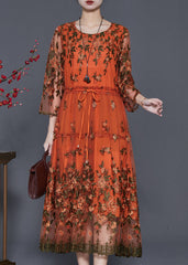 Stylish Orange Embroidered Drawstring Tulle Dress Summer