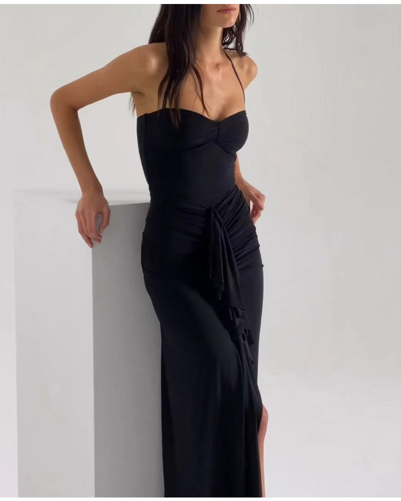 Black Slit pleated strapless dress