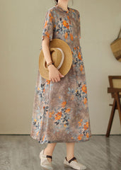 Women Khaki Ruffled Print Patchwork Cotton Dresses Summer