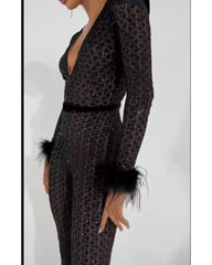 Fall deep V furry sleeve romper