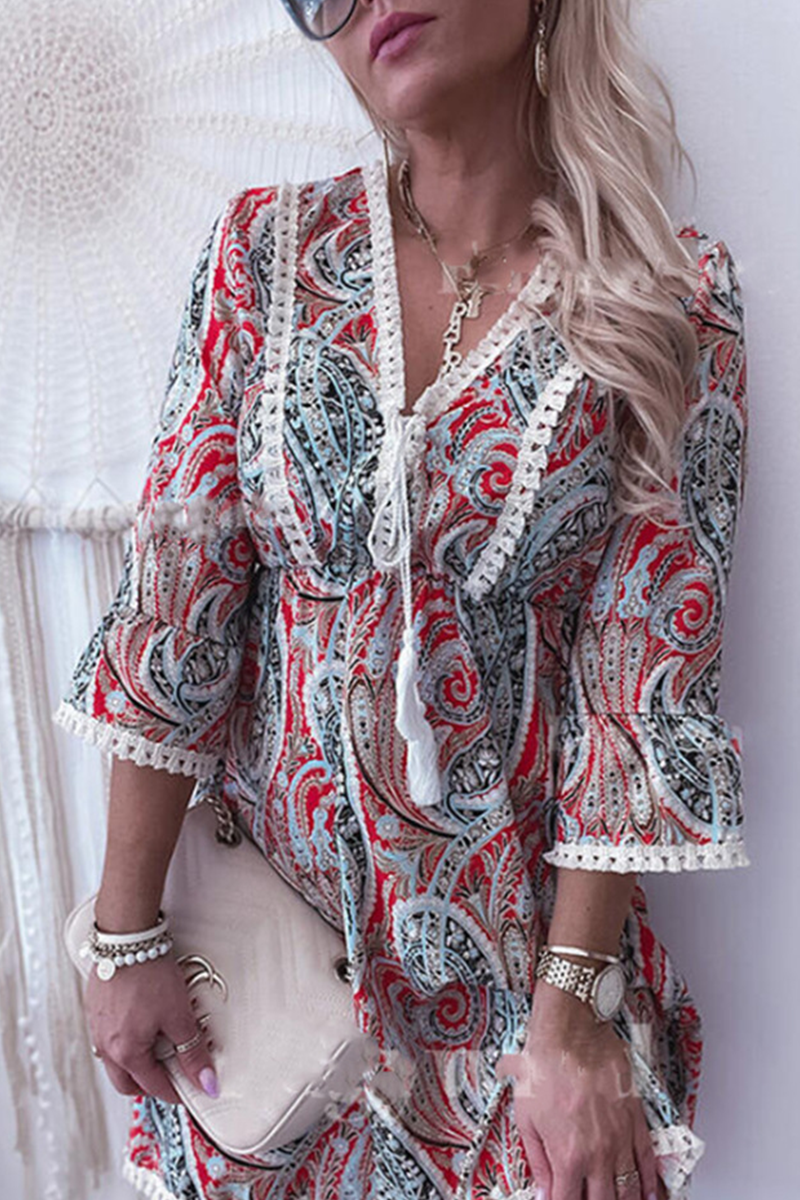 Casual Print Lace V Neck Cake  Dresses