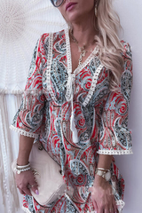 Casual Print Lace V Neck Cake  Dresses