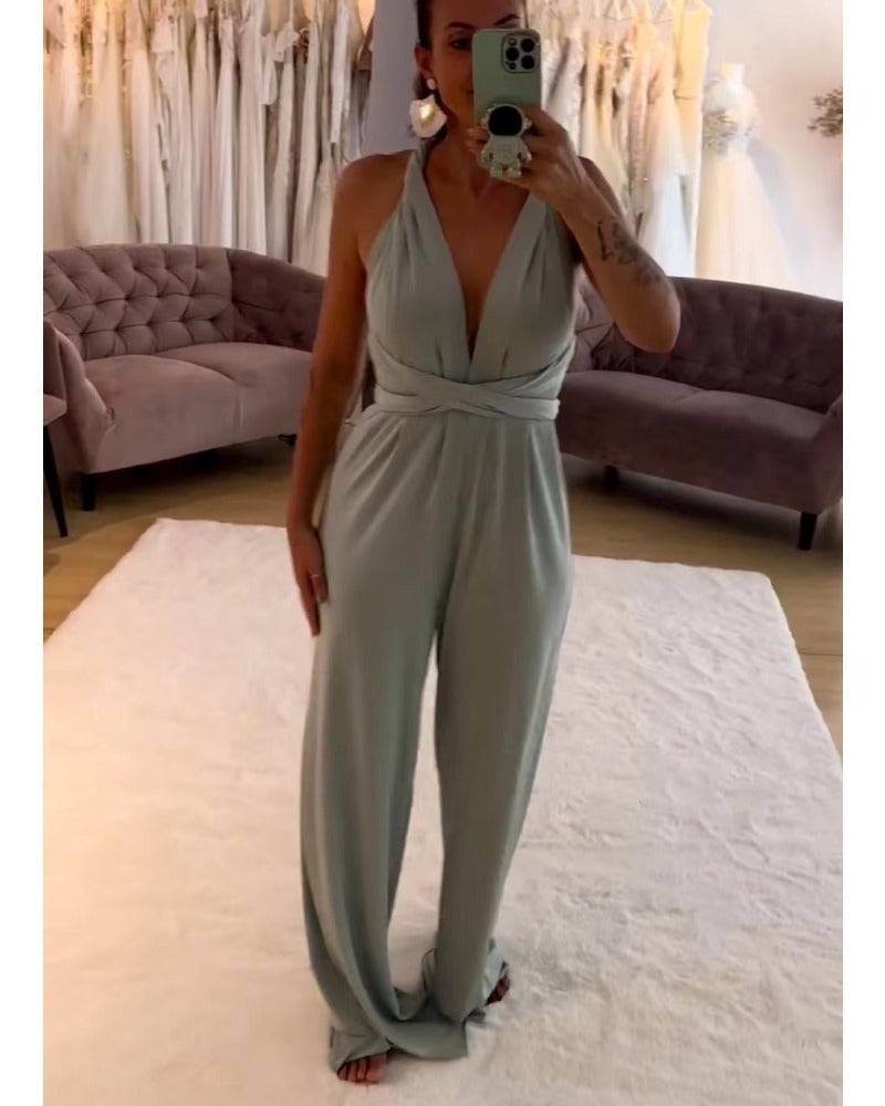 Knee-deep V-strap thigh-length pantsuit