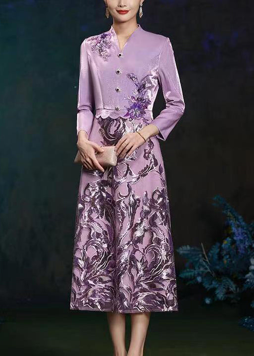 French Purple V Neck Embroideried Patchwork Silk Long Dresses Fall
