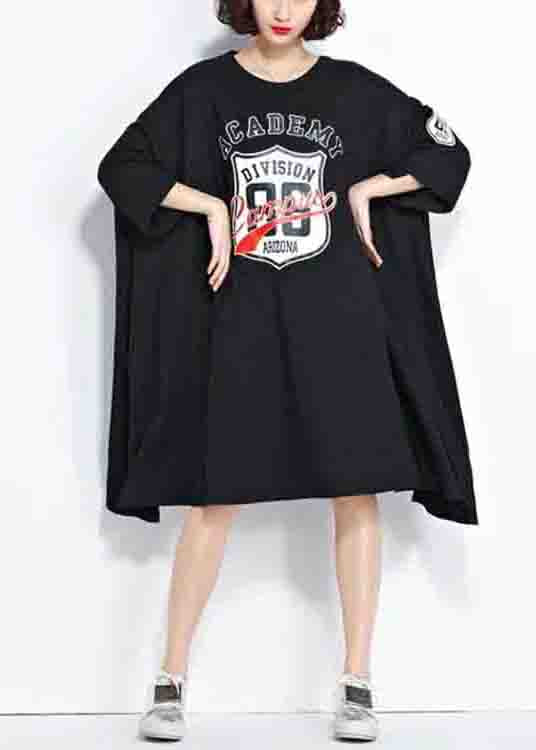 Plus Size Black O Neck Print Patchwork Cotton Mid Dress Summer