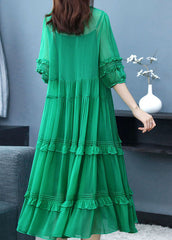 Art Green O-Neck Ruffled Patchwork Silk Two-Piece Set Dress Summer