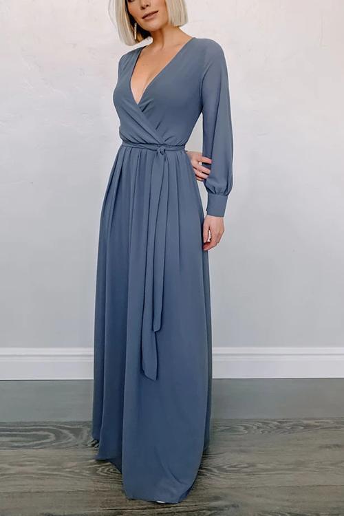 Button Puff Sleeve Belted Maxi Dress