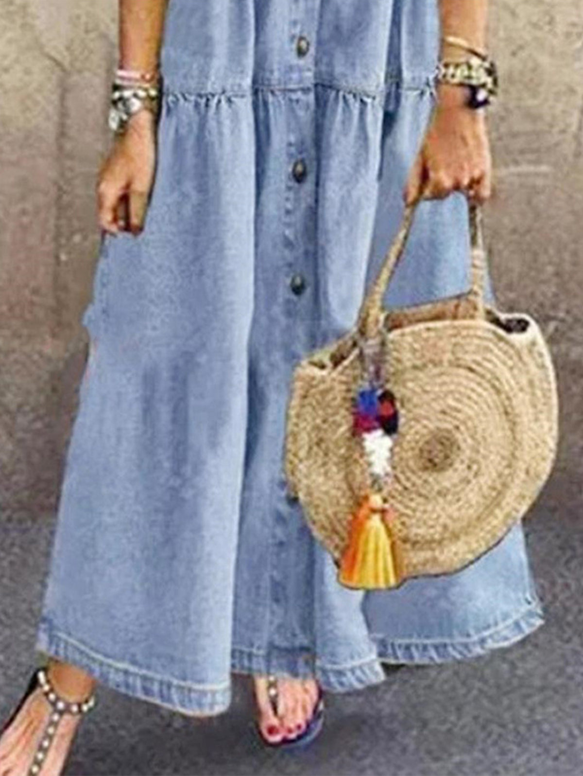 Casual Navy Lapel Collar Short Sleeve Denim Maxi Dress