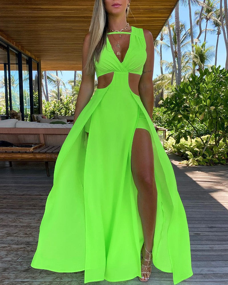 Cutout Sleeveless Thigh Slit Maxi Dress