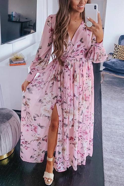 Button Puff Sleeve Belted Maxi Dress