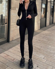 Lapel Collar Solid Zipper Jumpsuit