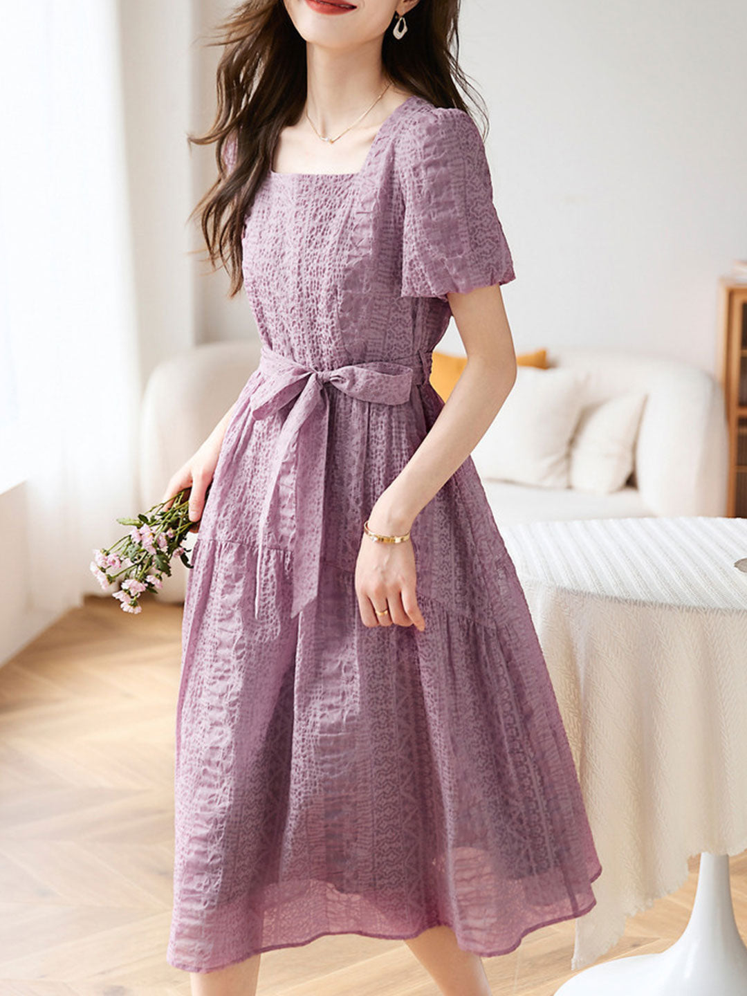 Ava Elegant Square Neck Tie Dress