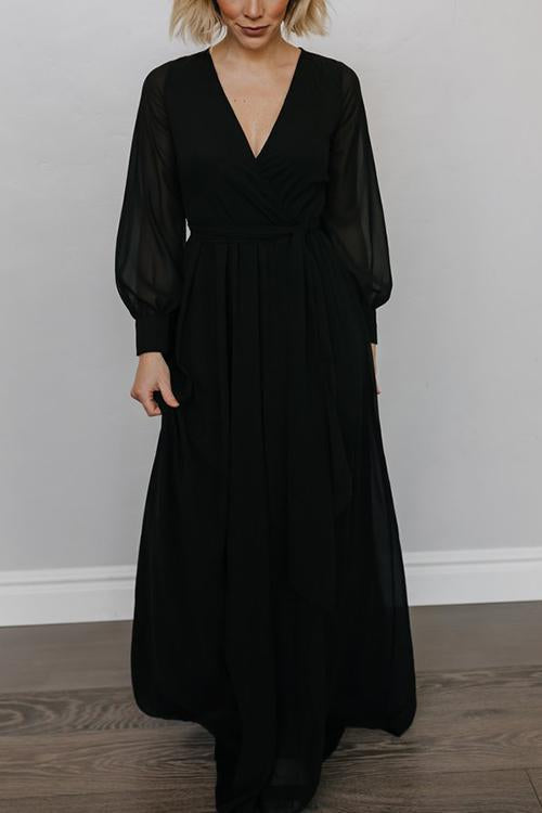 Button Puff Sleeve Belted Maxi Dress