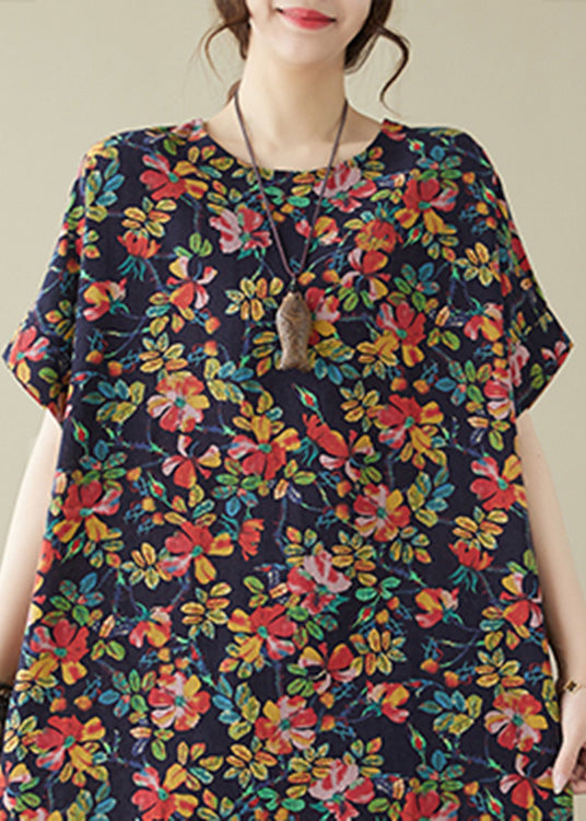 Unique Blue O-Neck Print Maxi Dresses Short Sleeve