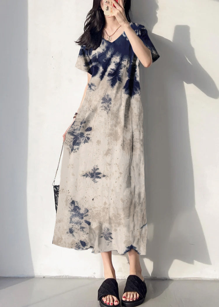 Loose White tie dye V Neck Patchwork Cotton Long Dress Summer