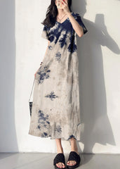 Loose White tie dye V Neck Patchwork Cotton Long Dress Summer