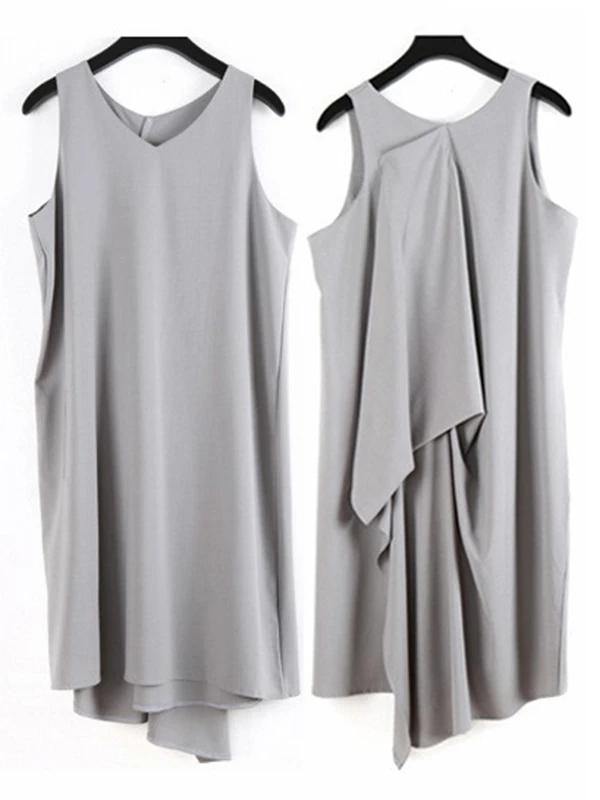 Art Gray Chiffon Dresses Plus Size Sleeve O Neck Asymmetric Linen Robes Summer Dresses