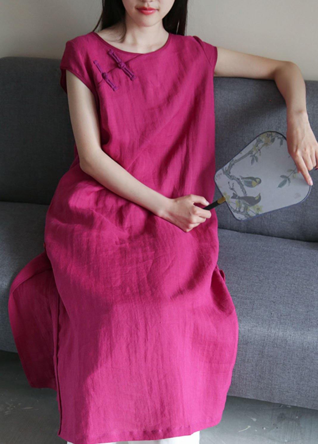Bohemian o neck side open linen summer clothes For Women Work Outfits rose Dresses