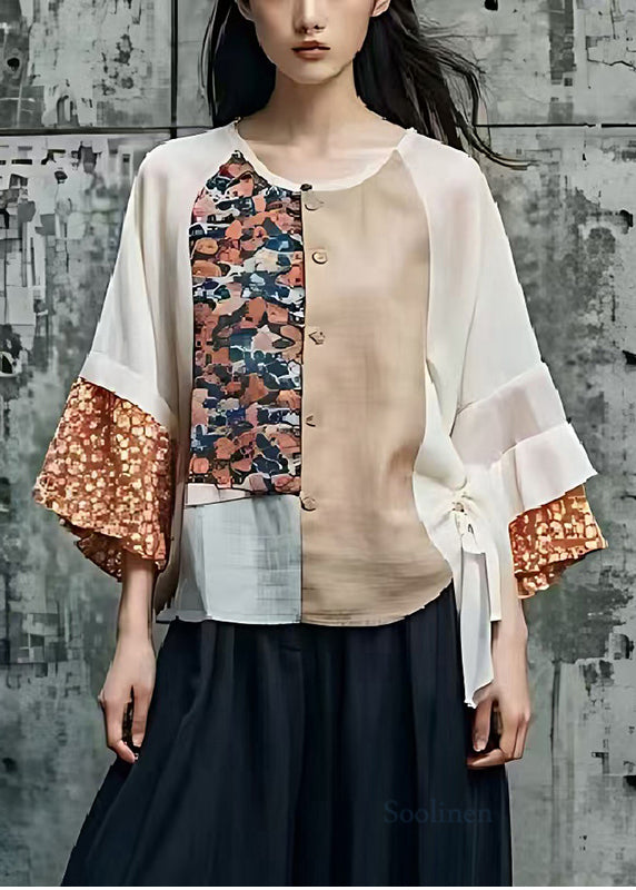 Apricot Patchwork Cotton Fake Two Piece Shirts Summer