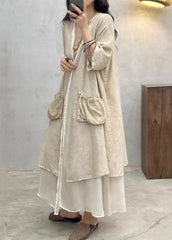 Apricot Solid Loose Cotton Long Cardigan Pockets Half Sleeve