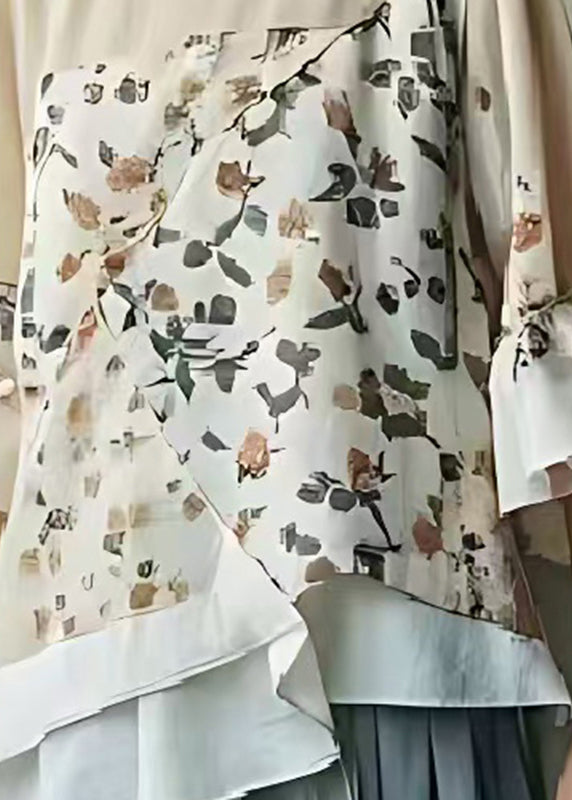 Art Beige Asymmetrical Print Cotton Shirts Summer