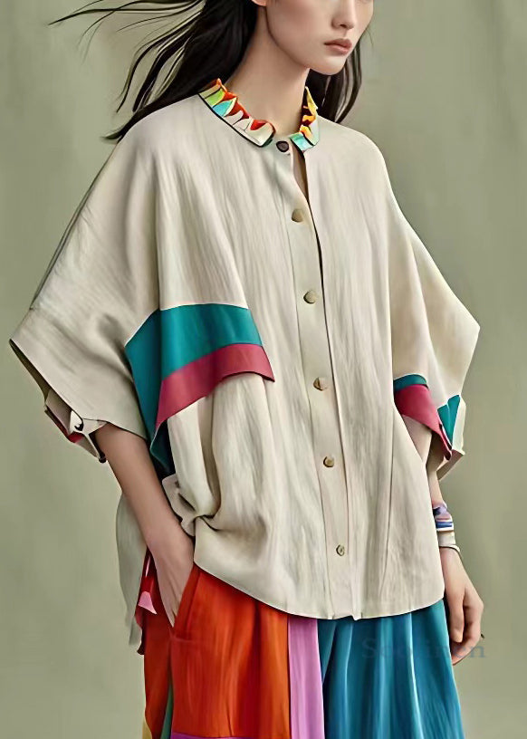 Art Beige Button Patchwork Cotton Blouses Half Sleeve