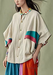 Art Beige Button Patchwork Cotton Blouses Half Sleeve