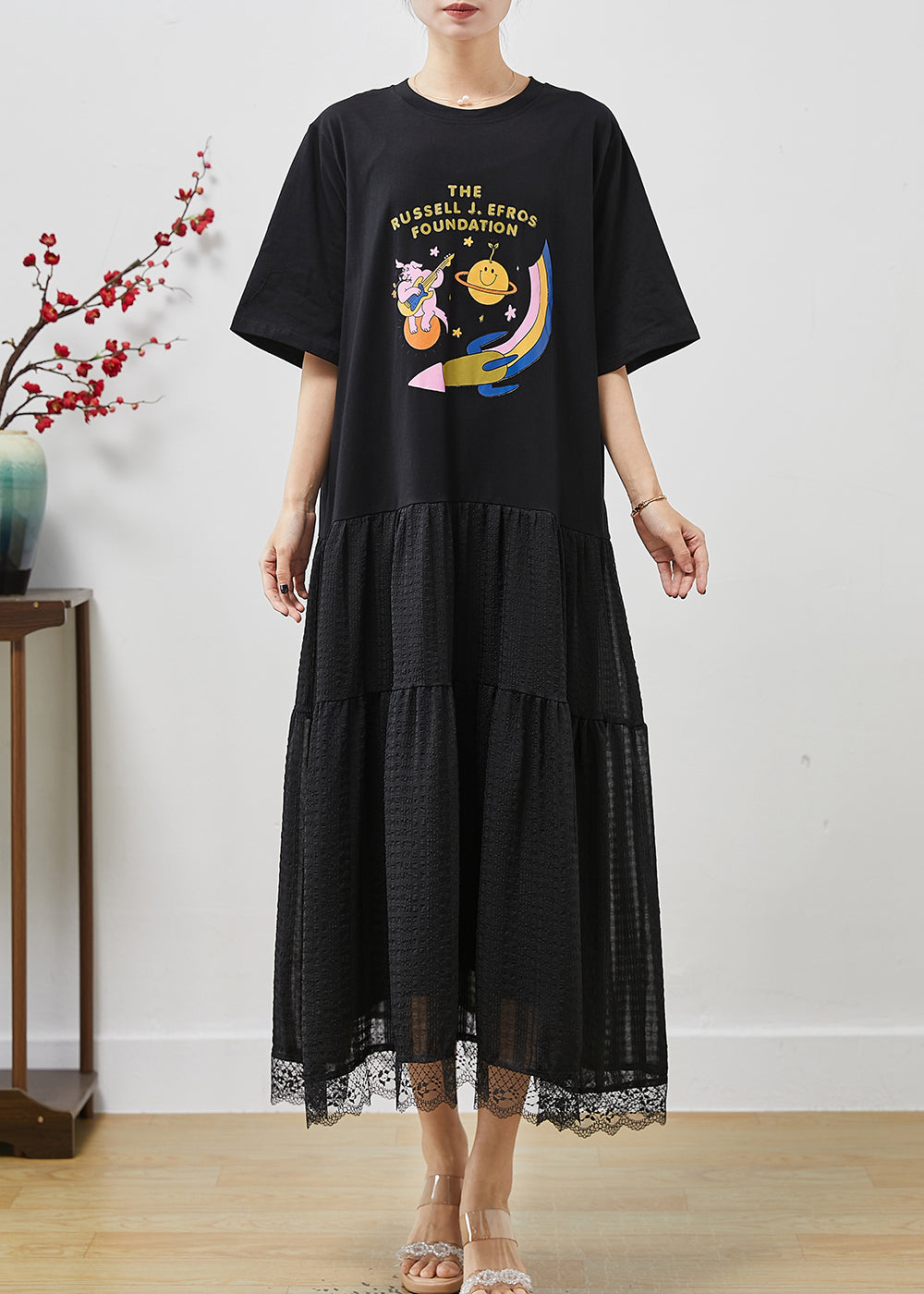 Art Black Oversized Patchwork Cotton Holiday Dress Summer