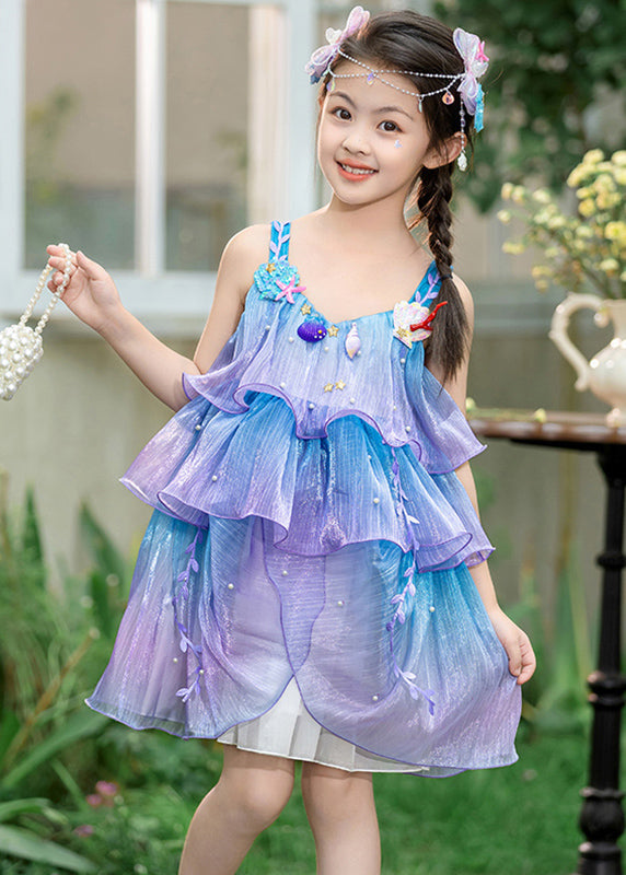 Art Blue Purple V Neck Embroideried Chiffon Girls Long Dresses Summer