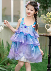 Art Blue Purple V Neck Embroideried Chiffon Girls Long Dresses Summer